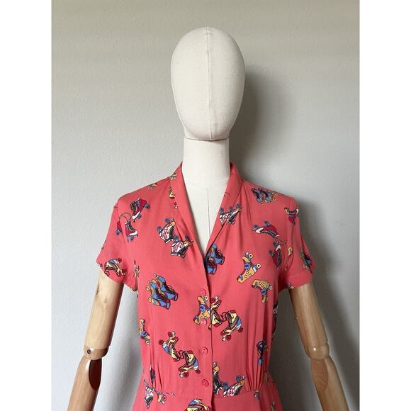 Emily And Fin Roller Skate Dress Sz S Skating Coral Orange Retro Pockets RARE! - Picture 6 of 15